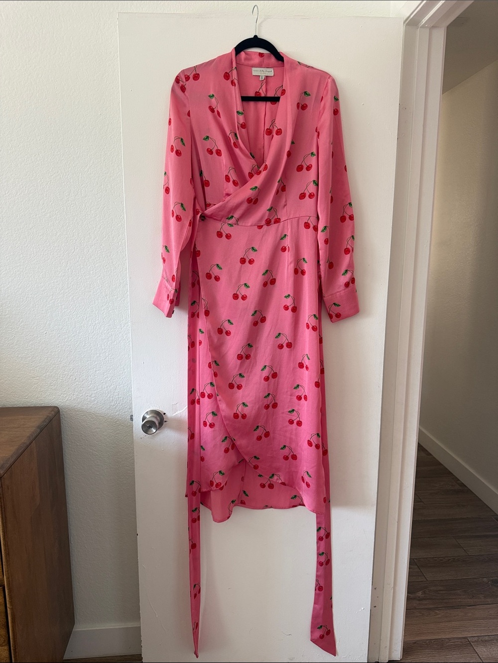 Never Fully Dressed Pink Cherry Print Wrap Dress